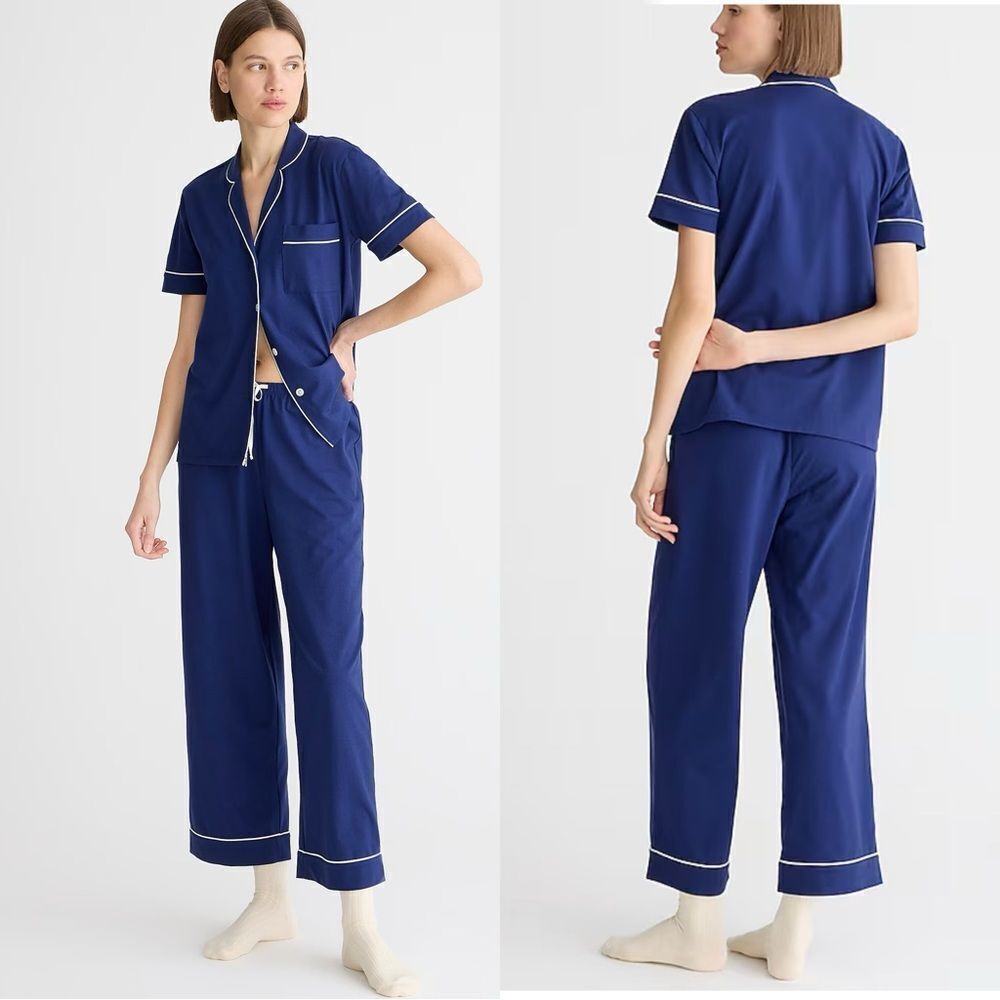 NWT J CREW Dreamy cotton-blend short-sleeve pajama pant set in “Dark Evening”